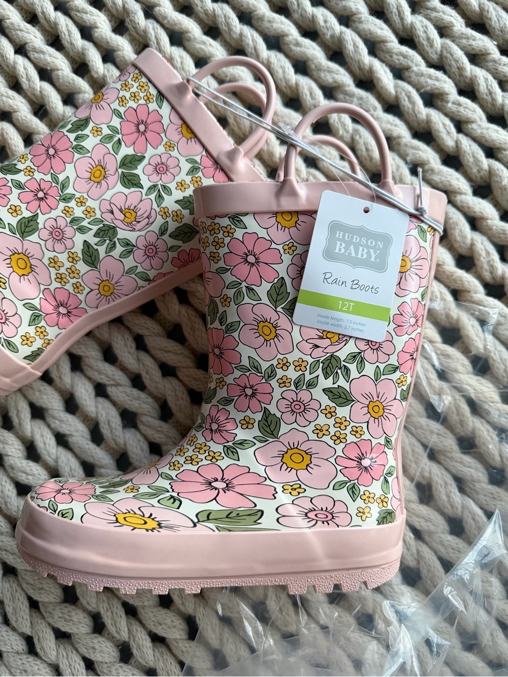 Hudson Baby Pink Floral Kids Rain Boots 12T NWT